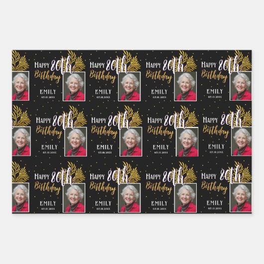 Happy 80th Birthday Black Gold Foliage Photo  Geschenkpapier Set (Vorderseite)