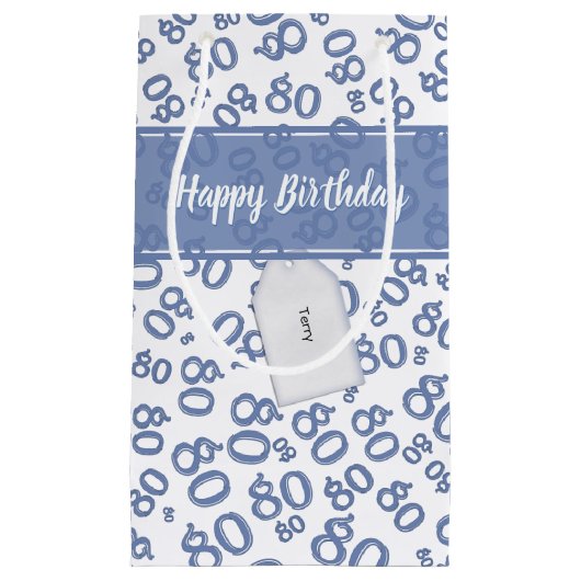 Happy 80th Birthday Blau und Weiße Zahlenmuster Kleine Geschenktüte (Vorderseite)
