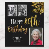 Happy 80th Birthday Gold Foliage 3 Photo Weinetikett (Einzelnes Label)