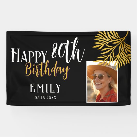 Happy 80th Birthday Gold Foliage Photo Backdrop Banner (Horizontal)