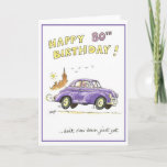 Happy 80th birthday karte<br><div class="desc">Funny greeting card for 80th birthday. Lady in old car with union jack headscarf racing off to enjoy her birthday.</div>