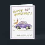 Happy 80th birthday karte<br><div class="desc">Funny greeting card for 80th birthday. Lady in old car with union jack headscarf racing off to enjoy her birthday.</div>