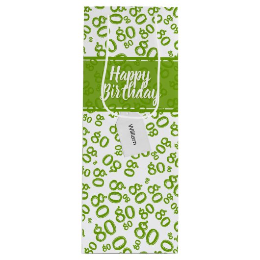 Happy 80th Green/White Random Number Pattern Geschenktüte Für Weinflaschen (Vorderseite)