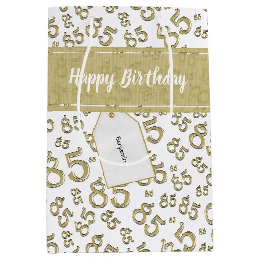 Happy 85th Random Number Pattern Gold/White Mittlere Geschenktüte (Vorderseite)