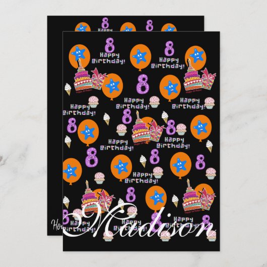 Happy 8. Geburtstag Einladung Geburtstag #8 Black (Vorne/Hinten)