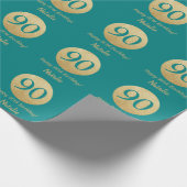 Happy 90. Geburtstag Aquamarin und Gold Glitzer Geschenkpapier (Ecke)