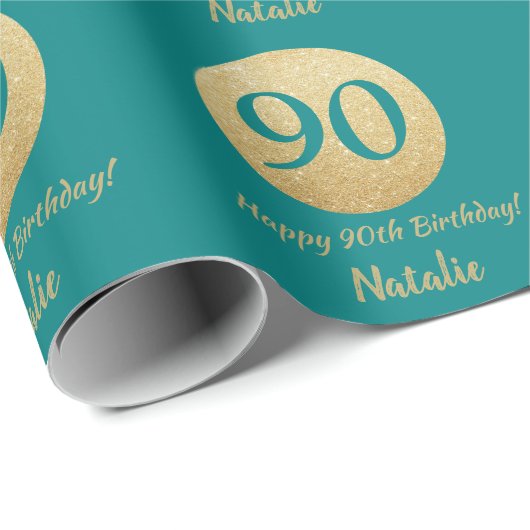 Happy 90. Geburtstag Aquamarin und Gold Glitzer Geschenkpapier (Rolleneckpunkt)