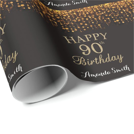 Happy 90. Geburtstag Black and Gold Glitzer Geschenkpapier (Rolleneckpunkt)
