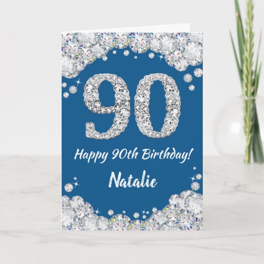 Happy 90. Geburtstag Blue and Silver Glitzer Card Karte (Vorderseite)