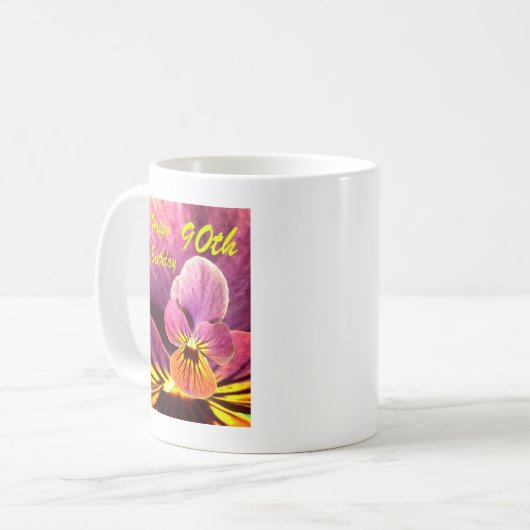 Happy 90. Geburtstag Blume Pansy Kaffeetasse (Vorderseite Links)