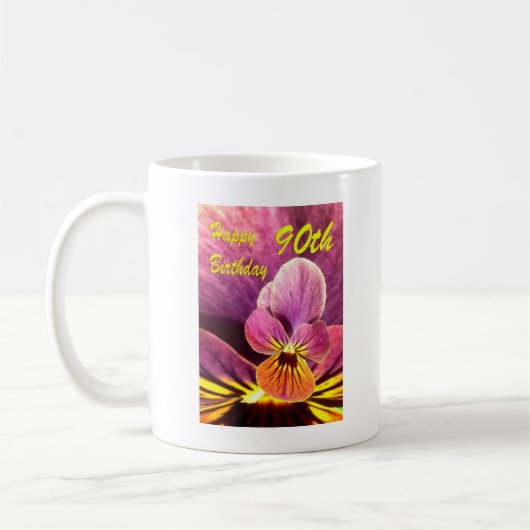 Happy 90. Geburtstag Blume Pansy Kaffeetasse (Links)