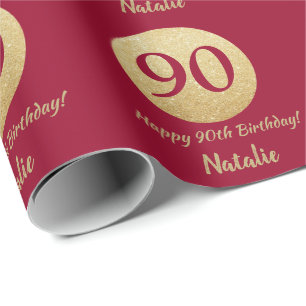 Happy 90. Geburtstag Burgund Red und Gold Glitzer Geschenkpapier
