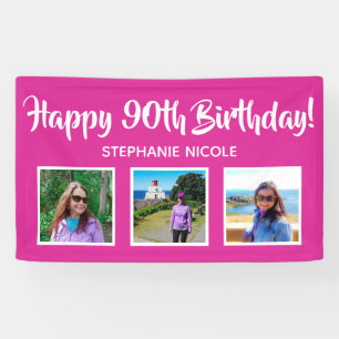 Happy 90. Geburtstag Pink Personalisiert 3 Fotos Banner