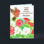 Happy 90. Geburtstag Special Friend Petunias Finch Karte<br><div class="desc">Eine individuelle Name- und Geburtstagskarte für einen besonderen Gast mit einer kleinen Finke,  die einen Garten mit Blume aus roten und weißen Petunien besichtigt,  die mit Aquarellen bemalt sind. Auf der Vorderseite können Sie Alter und Namen anpassen. Im Inneren können Sie die Nachricht und die Farbe anpassen.</div>