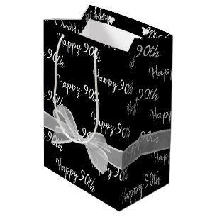 Happy 90. Geburtstagsbow auf Black Medium Geschenk Mittlere Geschenktüte