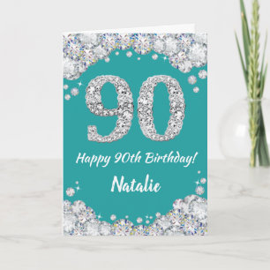 Happy 90. Geburtstagskarte Aquamarin und Silver Gl Karte