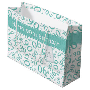 Happy 90. Random Number Pattern Aquamarin/weiß Große Geschenktüte