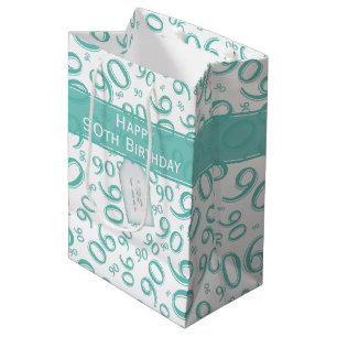Happy 90. Random Number Pattern Aquamarin/weiß Mittlere Geschenktüte