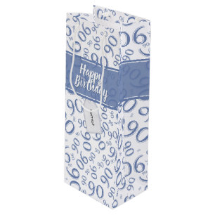 Happy 90. Random Number Pattern Blau/Weiß Geschenktüte Für Weinflaschen