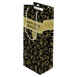 Happy 90. Random Number Pattern Gold/Schwarz Geschenktüte Für Weinflaschen