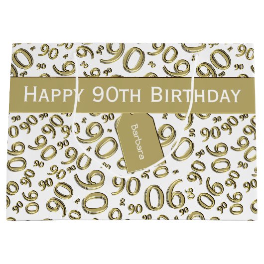 Happy 90. Random Number Pattern Gold/Weiß Große Geschenktüte (Vorderseite)
