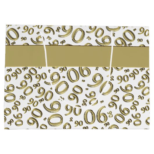 Happy 90. Random Number Pattern Gold/Weiß Große Geschenktüte (Rückseite)
