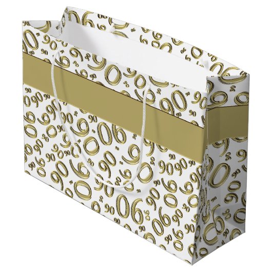 Happy 90. Random Number Pattern Gold/Weiß Große Geschenktüte (Rückseite Schrägansicht)
