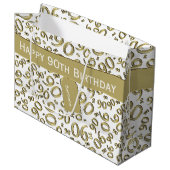 Happy 90. Random Number Pattern Gold/Weiß Große Geschenktüte (Vorderseite Schrägansicht)