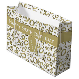 Happy 90. Random Number Pattern Gold/Weiß Große Geschenktüte