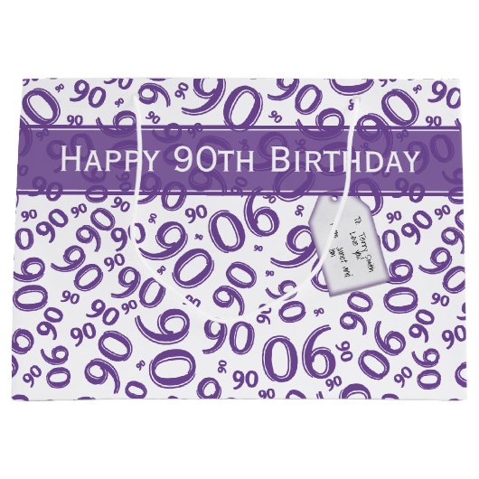 Happy 90. Random Number Pattern Lila/weiß Große Geschenktüte (Vorderseite)