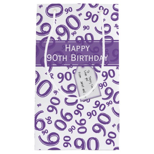 Happy 90. Random Number Pattern Lila/weiß Kleine Geschenktüte (Vorderseite)