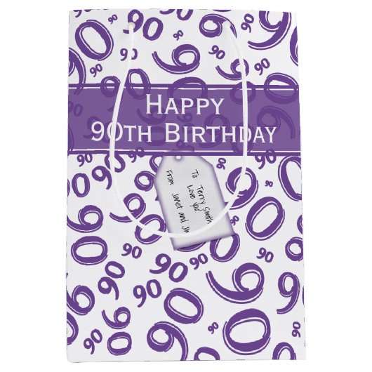 Happy 90. Random Number Pattern Lila/weiß Mittlere Geschenktüte (Vorderseite)