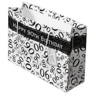 Happy 90. Random Number Pattern Schwarz/Weiß Große Geschenktüte