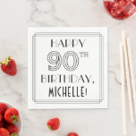HAPPY 90TH BIRTHDAY; Art Deco Style; Custom Name Serviette<br><div class="desc">This elegant 1920s-1930s era inspired art deco style birthday themed paper napkin design has the message “HAPPY 90TH BIRTHDAY, ”, and a customizable recipient name. The number “90TH” has a fancy geometric lined appearance, and there is also a multi-line border around the birthday greeting message. Luxurious birthday themed paper napkins...</div>