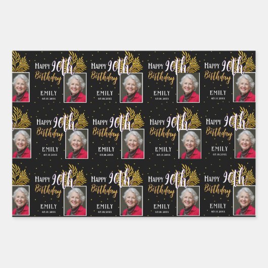 Happy 90th Birthday Black Gold Foliage Photo Geschenkpapier Set (Vorderseite)