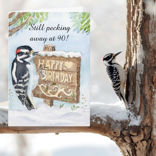 Happy 90th Birthday Downy Woodpecker Karte