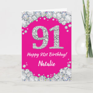 Happy 91. Geburtstag Hot Pink und Silver Glitzer Karte