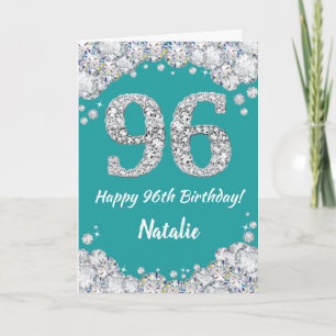 Happy 96. Geburtstagskarte Aquamarin und Silver Gl Karte