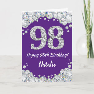 Happy 98. Geburtstagskarte Lila und Silver Glitzer Karte