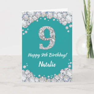 Happy 9. Geburtstag Aquamarin und Silver Glitzer C Karte
