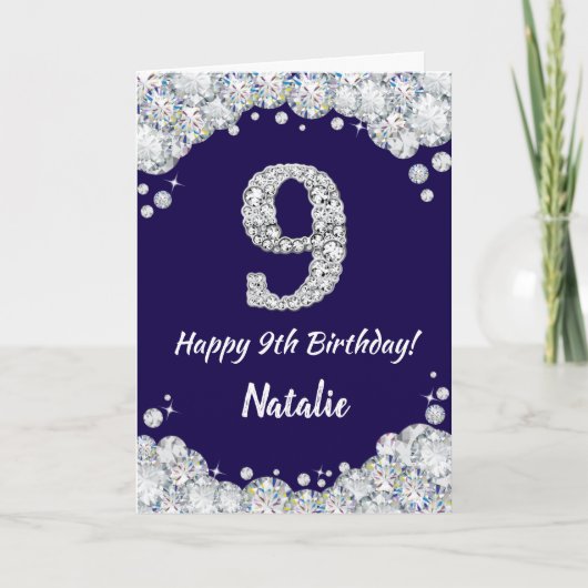 Happy 9. Geburtstag Navy Blue und Silver Glitzer Karte (Vorderseite)