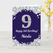 Happy 9. Geburtstag Navy Blue und Silver Glitzer Karte (Gelbe Blume)