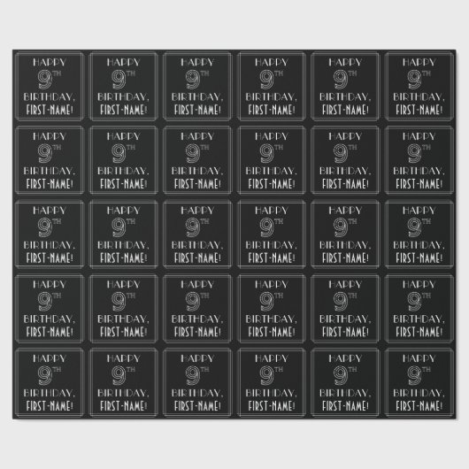 HAPPY 9TH BIRTHDAY; Art Deco Style w/ Custom Name Geschenkpapier (Saum)