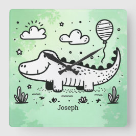 Happy Alligator mit Balloon - Niedliches Kinderzim Quadratische Wanduhr