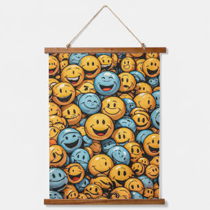 Happy and Funny Emoji Faces Wandteppich Mit Holzrahmen