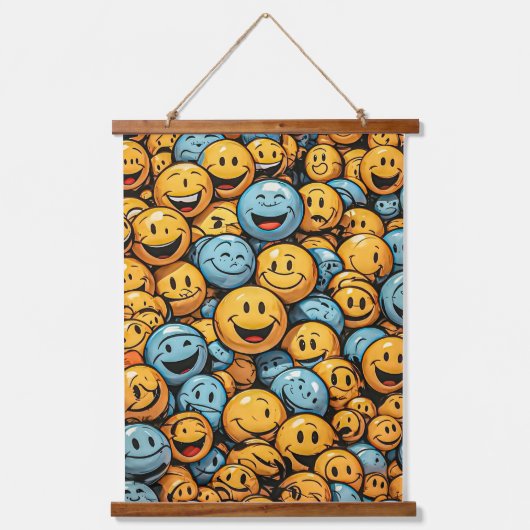 Happy and Funny Emoji Faces Wandteppich Mit Holzrahmen (Vorderseite)