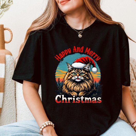Happy And Merry Christmas - Cute Cat T-Shirt