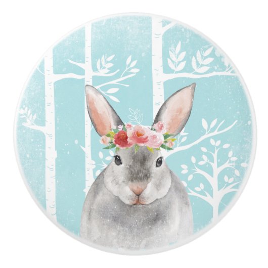 Happy Animal mit Blume in Blue Forest Bunny Keramikknauf (Vorderseite)