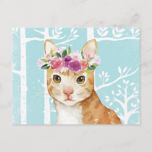 Happy Animal mit Blume in Blue Forest Cat Kitty Postkarte (Vorderseite)