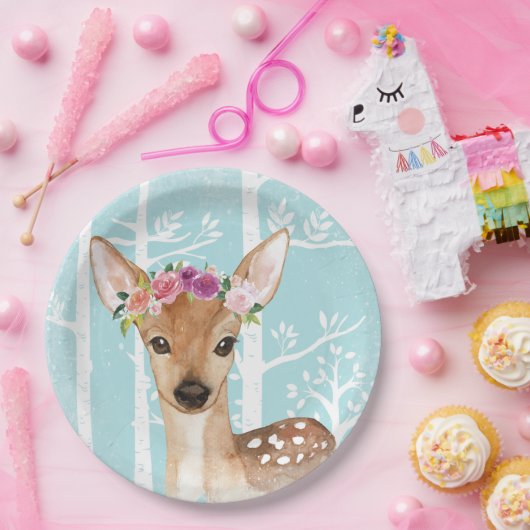 Happy Animal with Blume in Blue Forest Deer Pappteller (Party)
